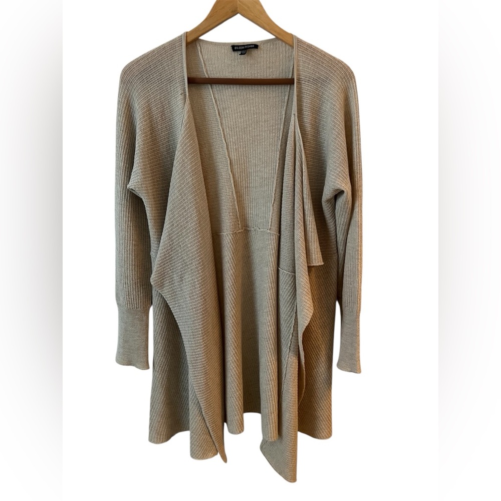 Eileen Fisher Sweater Tan 100% Wool Open Waterfall Cardigan